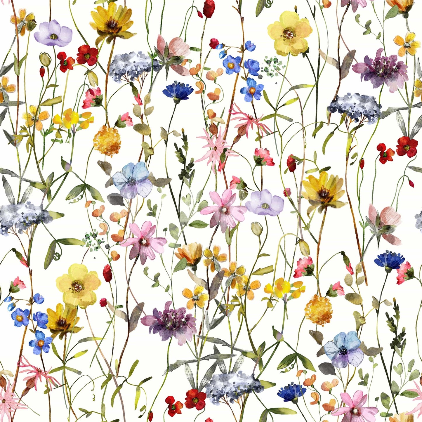 Elegant meadow wildflower wall covering, vibrant hues and greenery.