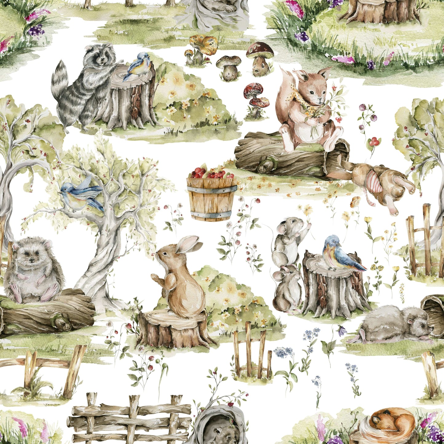 Watercolor Woods: Adorable baby animals in a sunny meadow wallpaper.