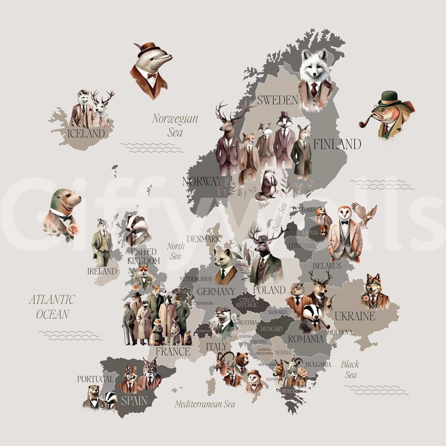 Illustrated map animals in formal wear