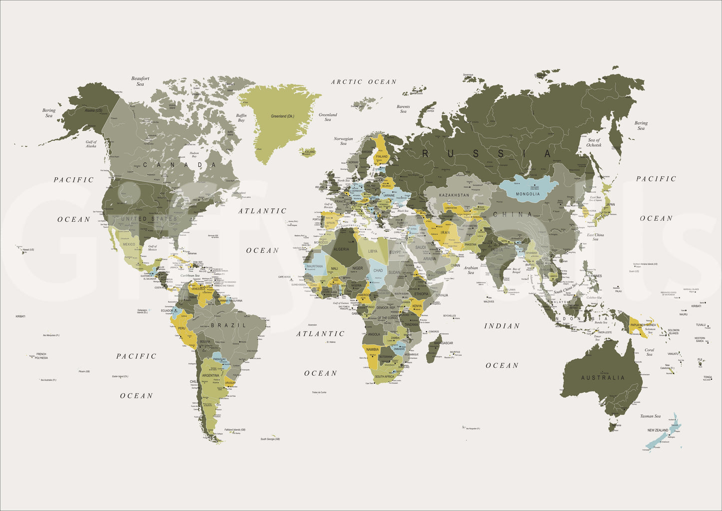 World Map Khaki Green Wall Mural