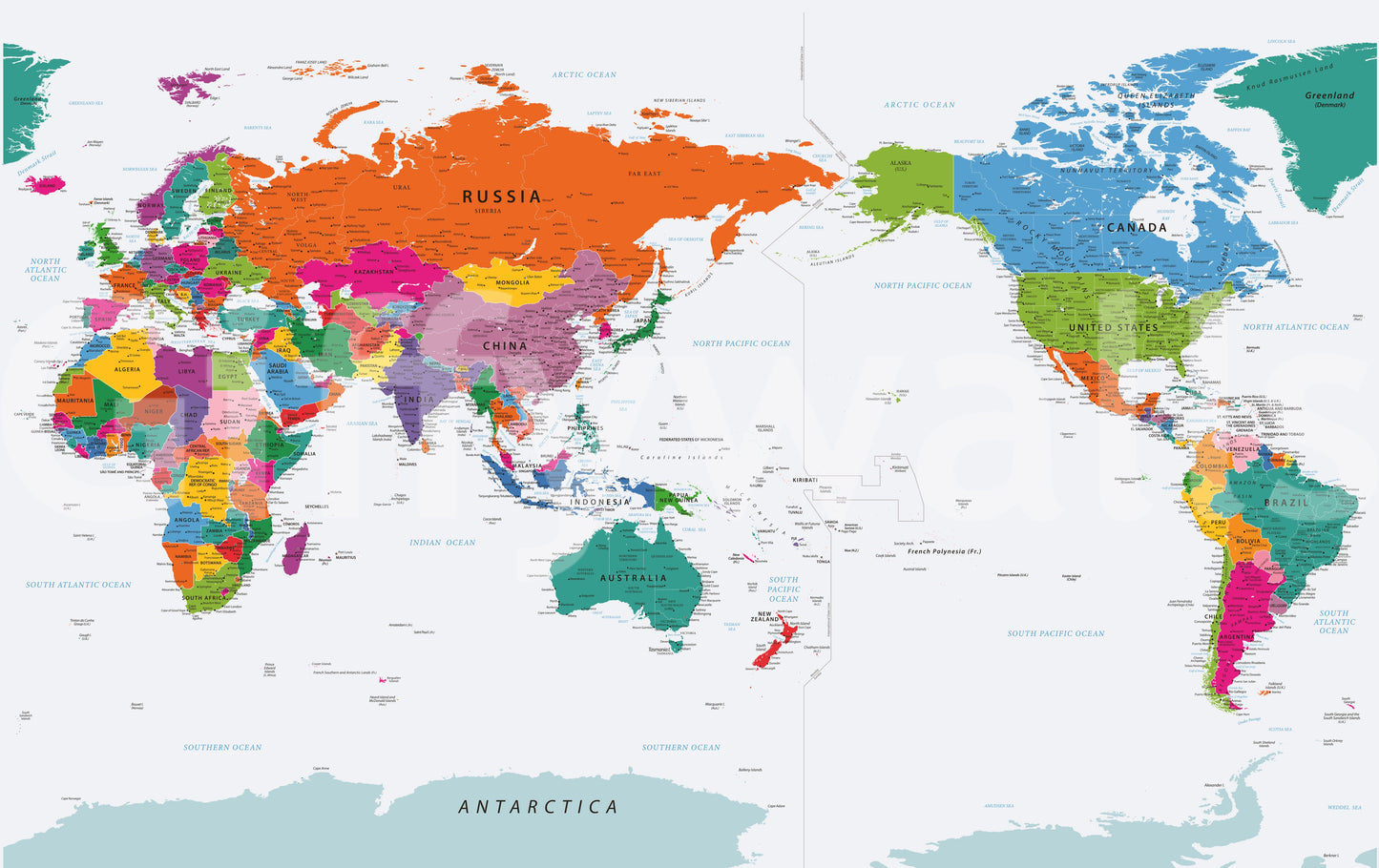 Pacific Centered World Map Fun Colors Wall Mural