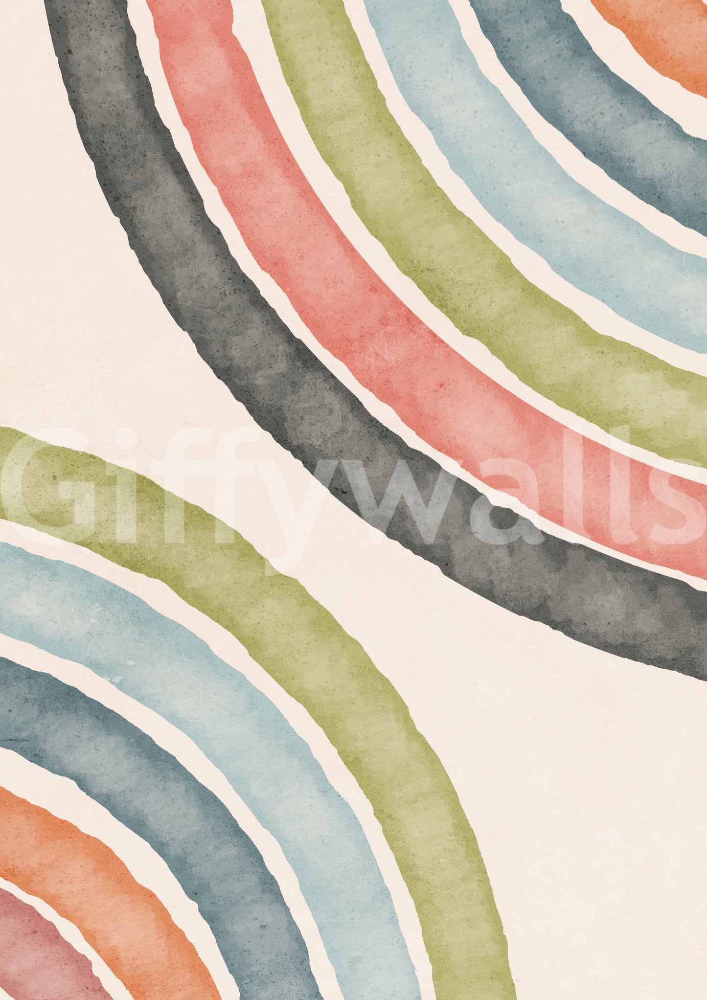 Fluid watercolor arcs on minimalist mural