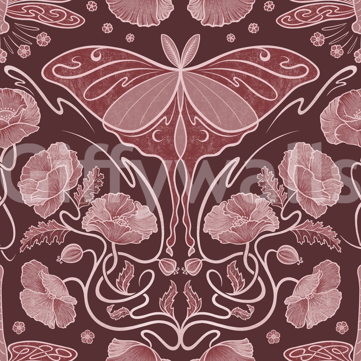 Art Nouveau Poppies & Luna Moth Crimson Wallpaper Wallpaper