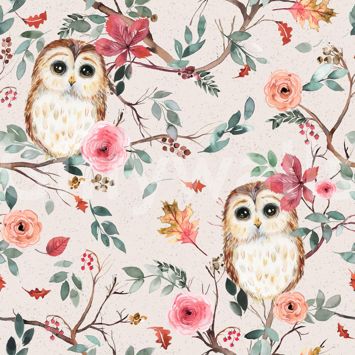 Owls Tree Relaxing Green Red Wallpaper