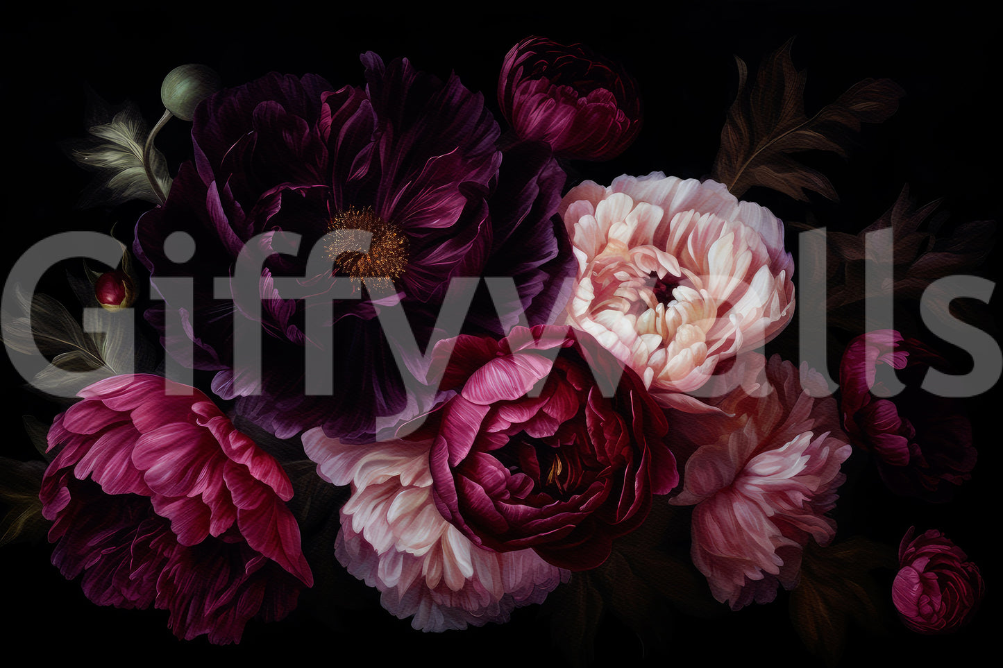Moody dark peony floral mural adding heritage gothic glamour.