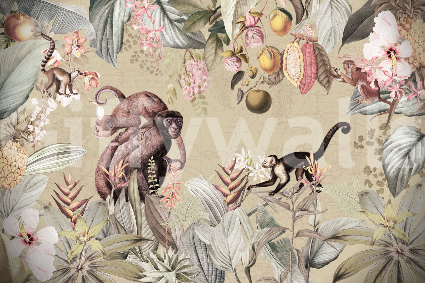 Detailed botanical wallpaper mural with a vintage-inspired design