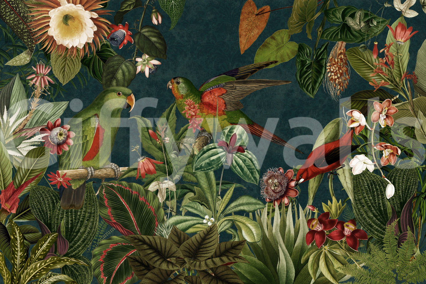 Secret Vintage Garden mural with vibrant flowers and tropical leaves