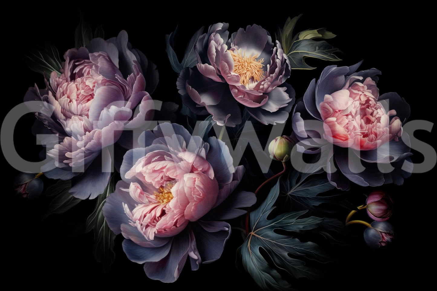Midnight-themed peony wallpaper for walls