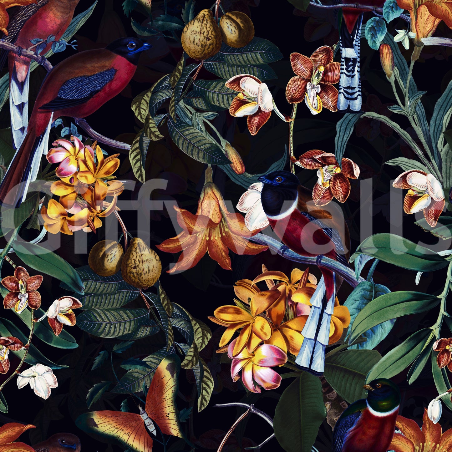 Bold and dramatic tropical wallpaper with nighttime ambiance