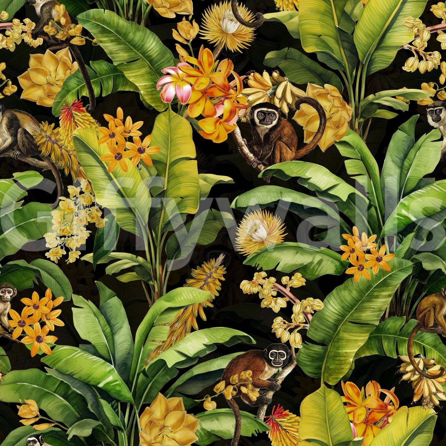 Exotic wallpaper with monkeys and lush plants on a deep blue background.