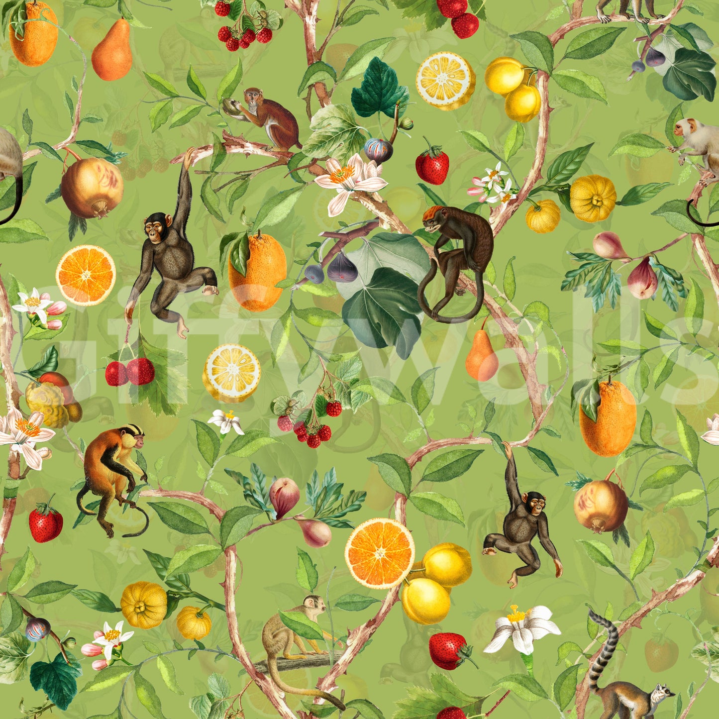 Wallpaper with primates swinging through dense foliage and tropical flowers.