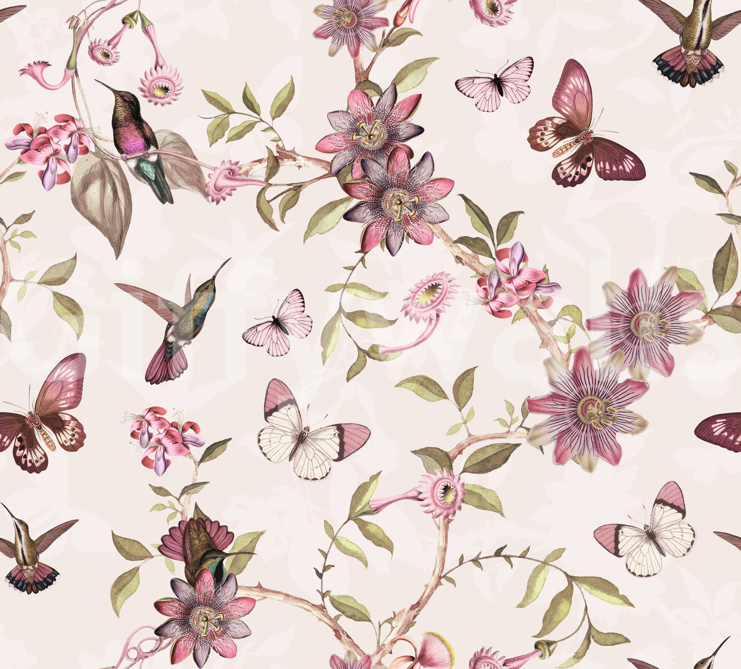 Vintage-style wallpaper with spring florals and charming birds.