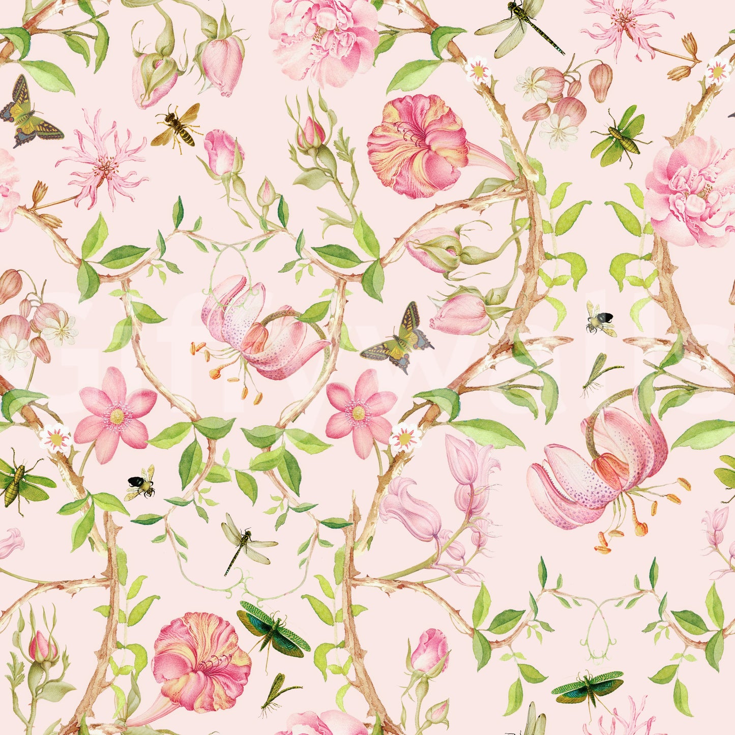 Light-toned wallpaper featuring birds in a blooming garden setting.