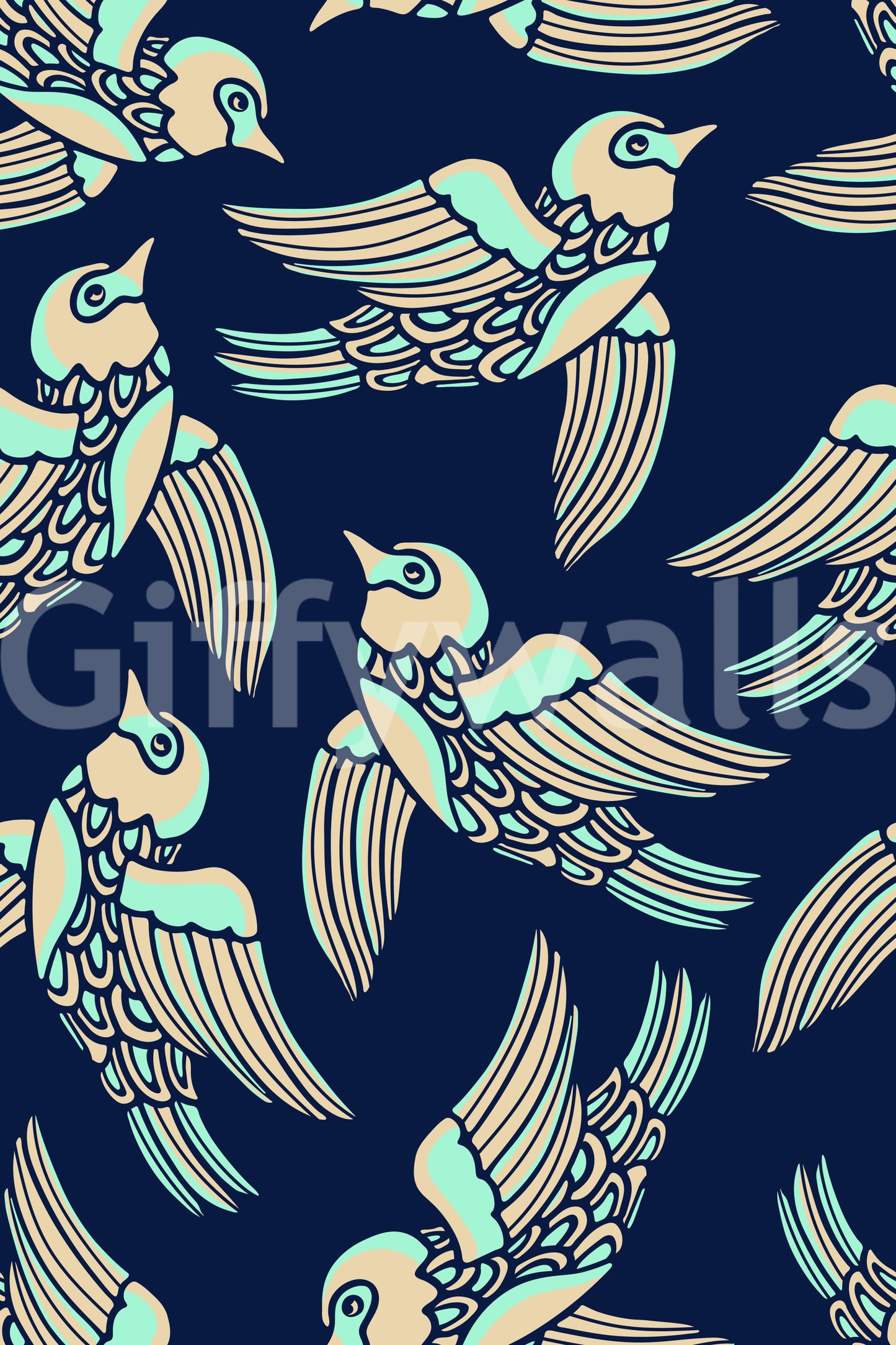 Modern, nature-inspired wallpaper featuring birds in flight on a mint, beige, and blue canvas.