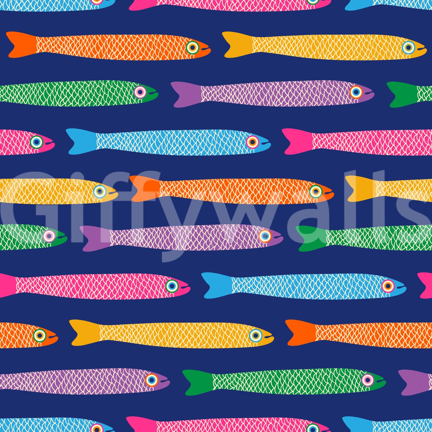 Fun fish wallpaper featuring bright rainbow colors and a blue background.