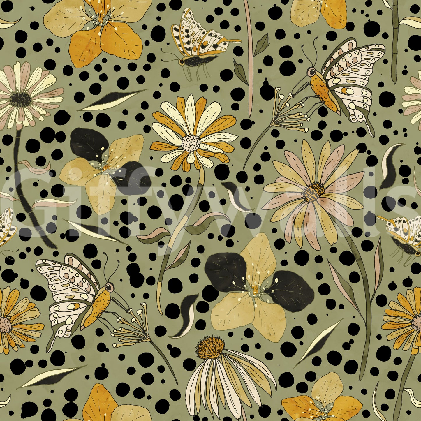 Romantic wall mural with garden butterflies