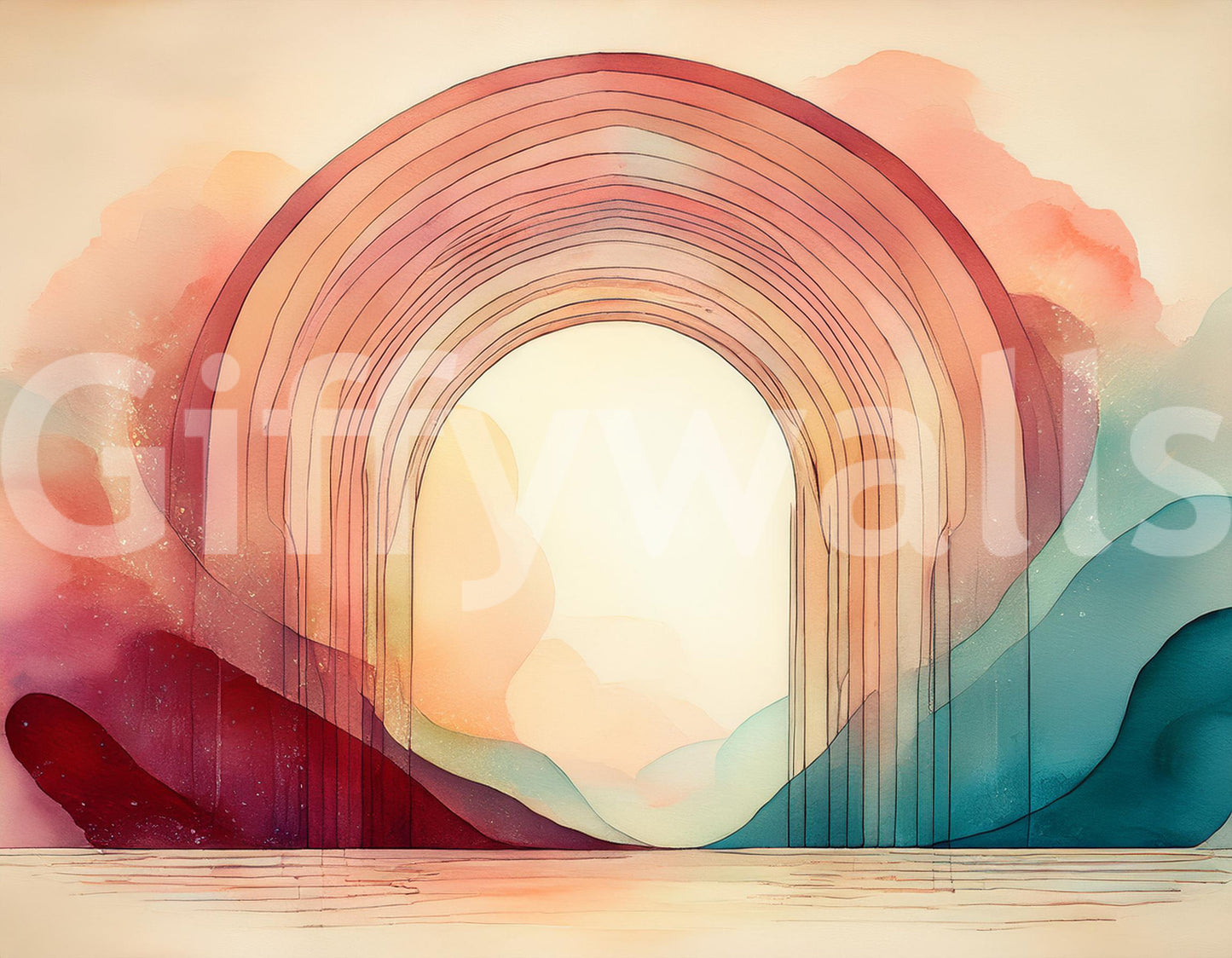 Radiant rainbow archway leading to a dreamlike world in mural wallpaper.