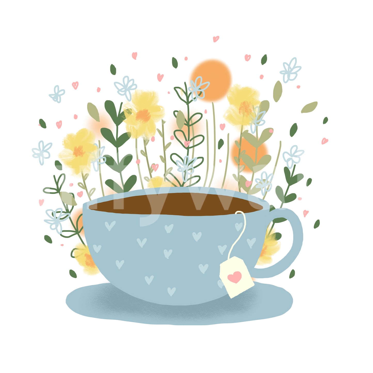 Tea set mural with soft floral background in pastel shades