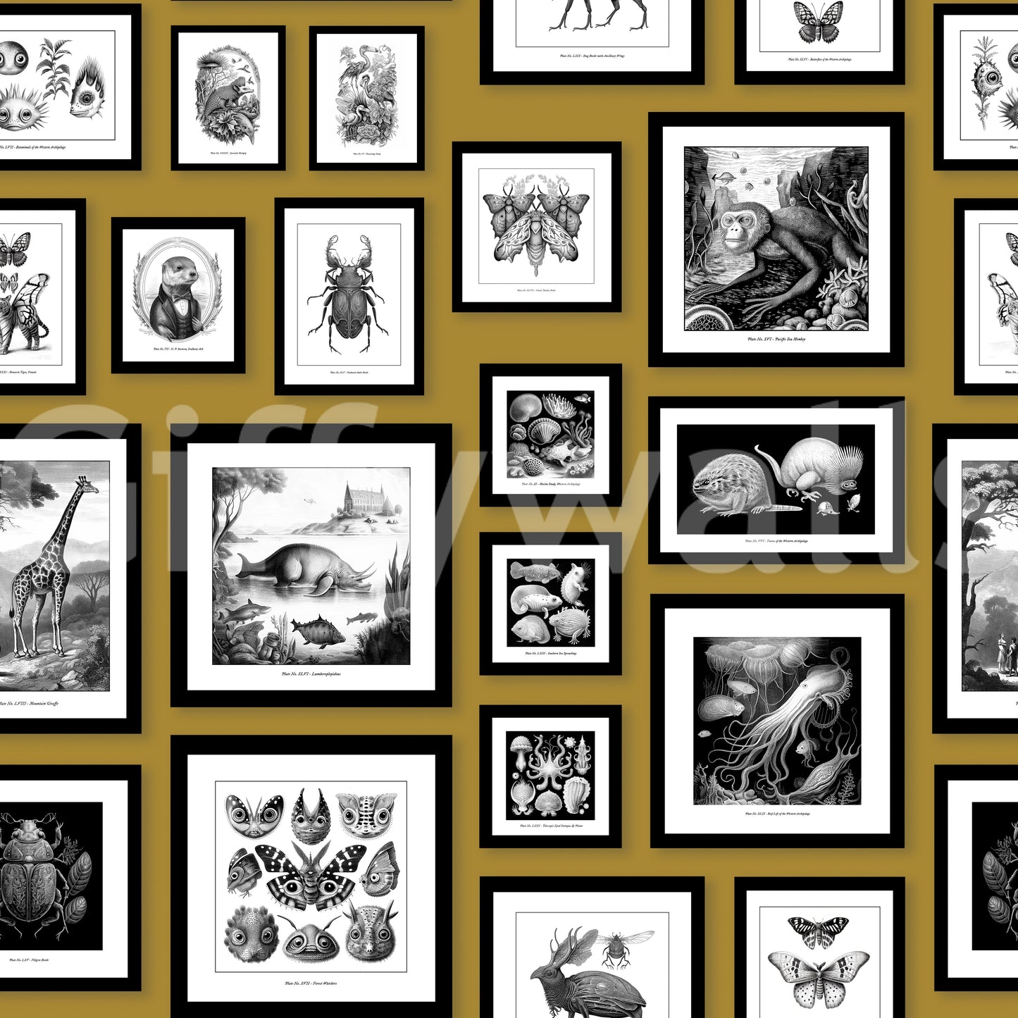 Storybook creatures in a mustard wallpaper print