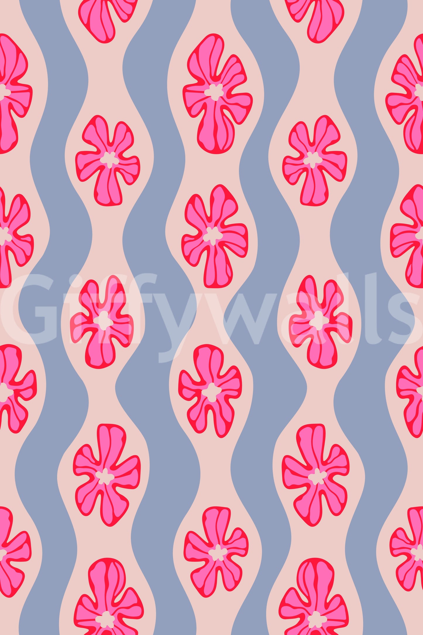 Ripple stripe wallpaper with pink and purple florals