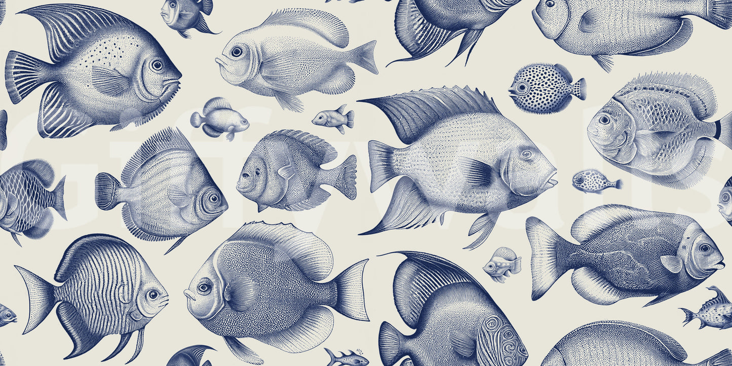 Coastal-themed wallpaper with marine fish drawings