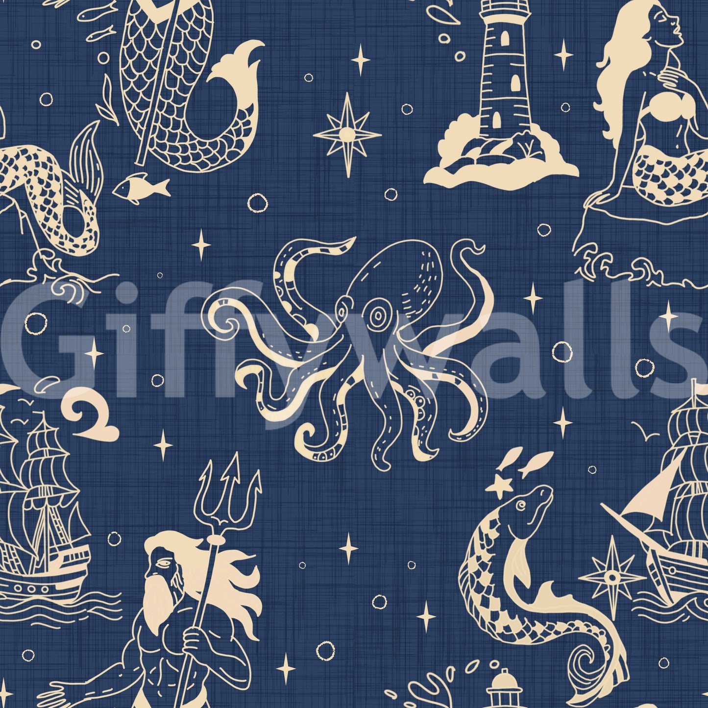 Story-rich nautical wallpaper in blue