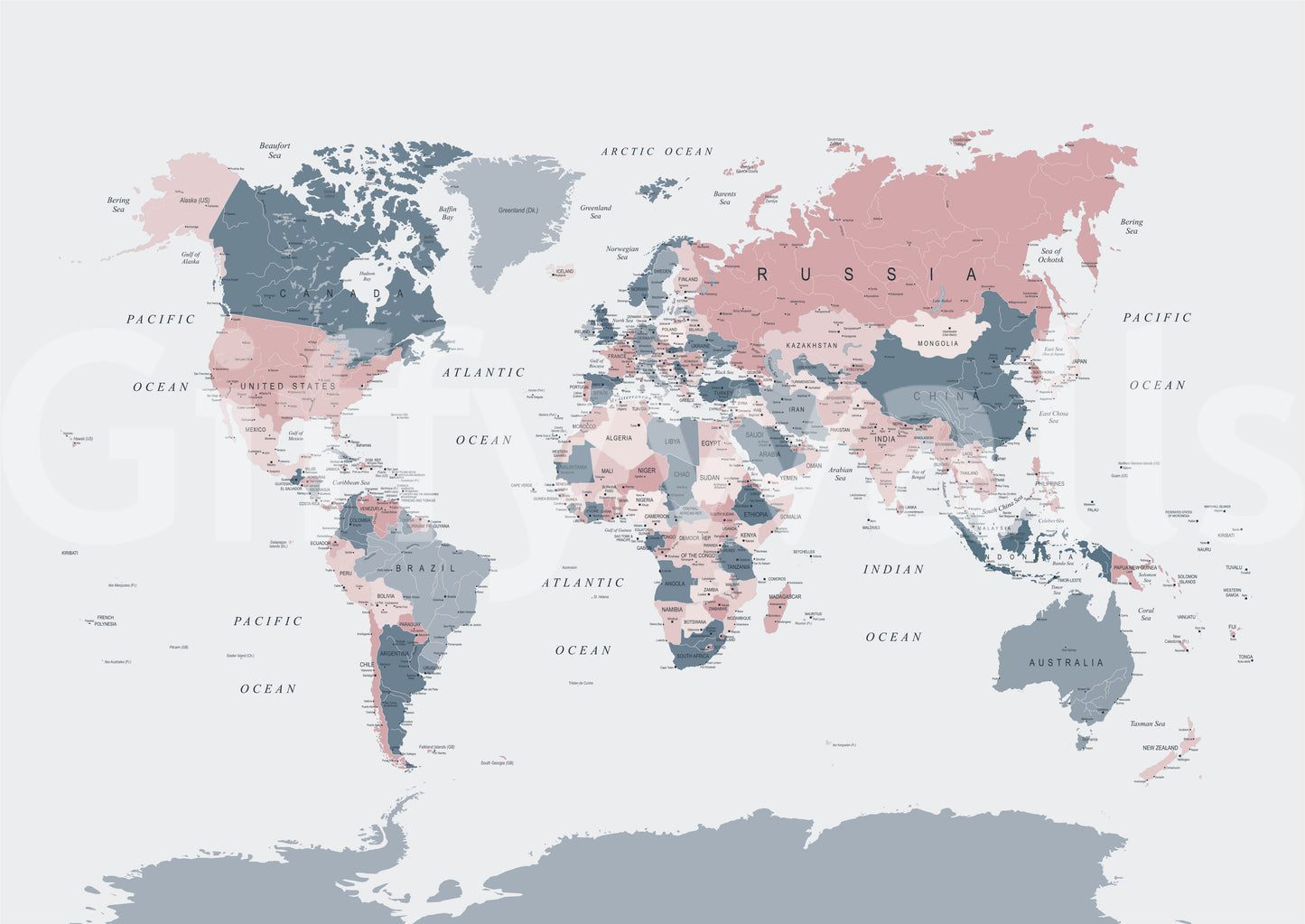 World Map Blush Pink and Indigo Wall Mural