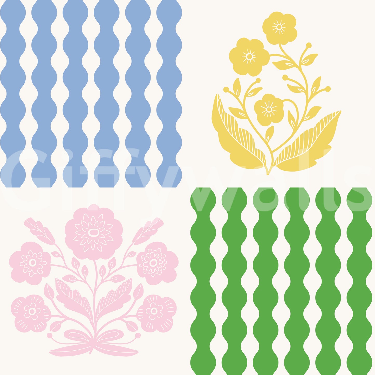 High-resolution retro floral and wave pattern.