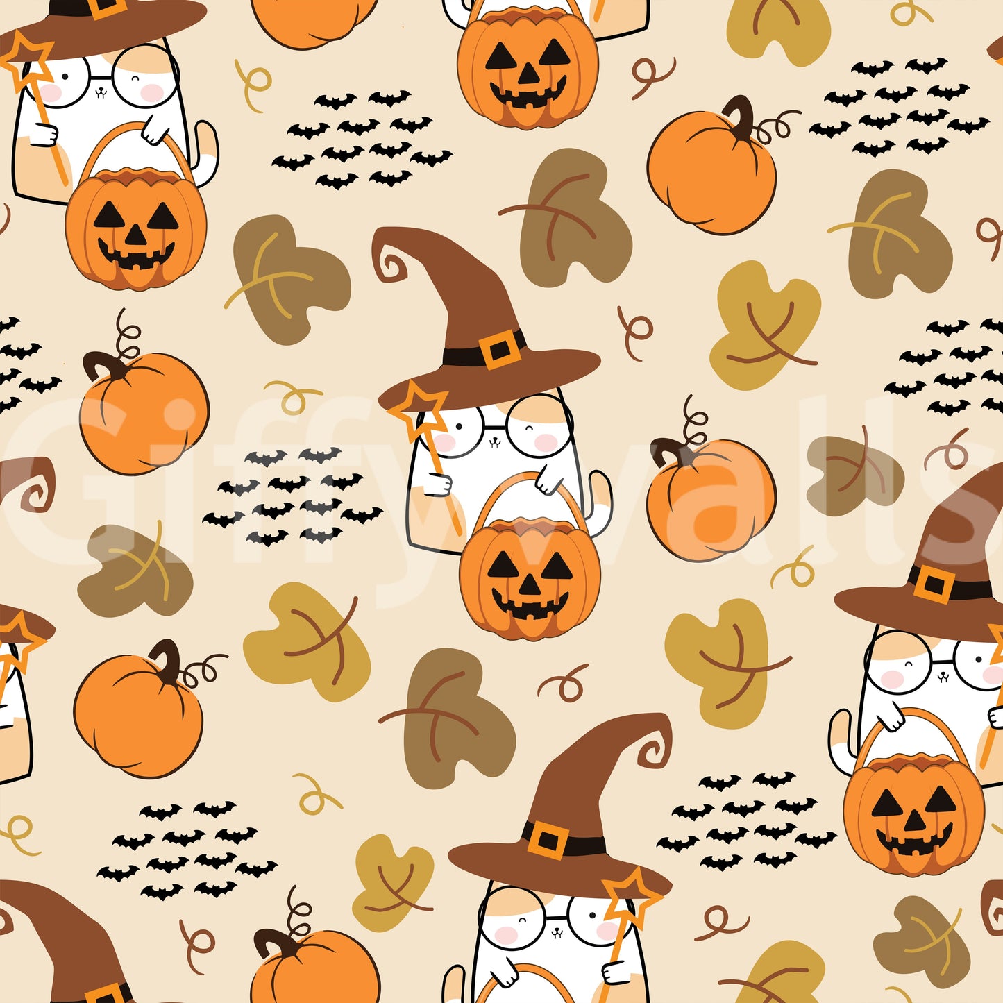 Cute Halloween Wallpaper with Cartoon Cats & Pumpkins.