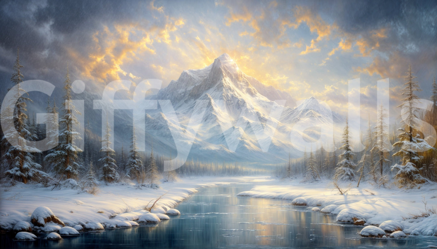 The view shows the mountain peaks in a serene, golden light.