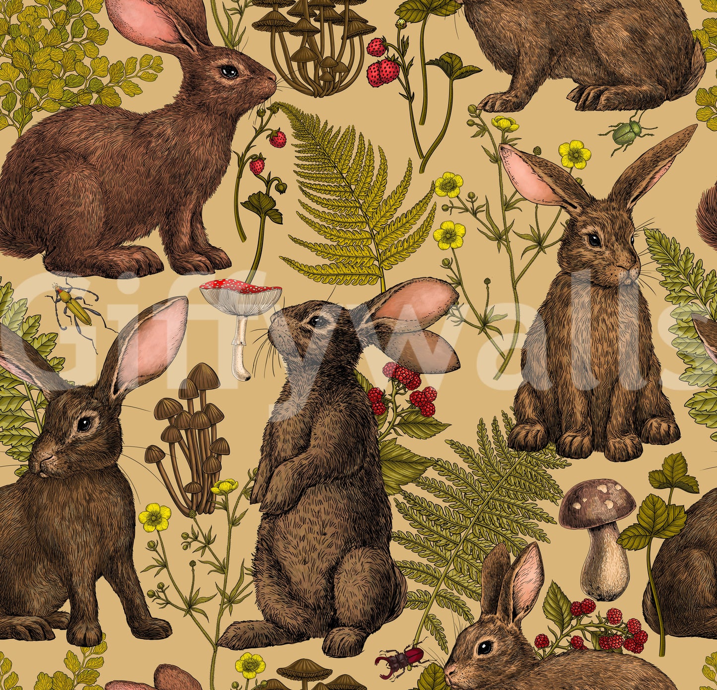 Rabbits and woodland flora Wallpaper