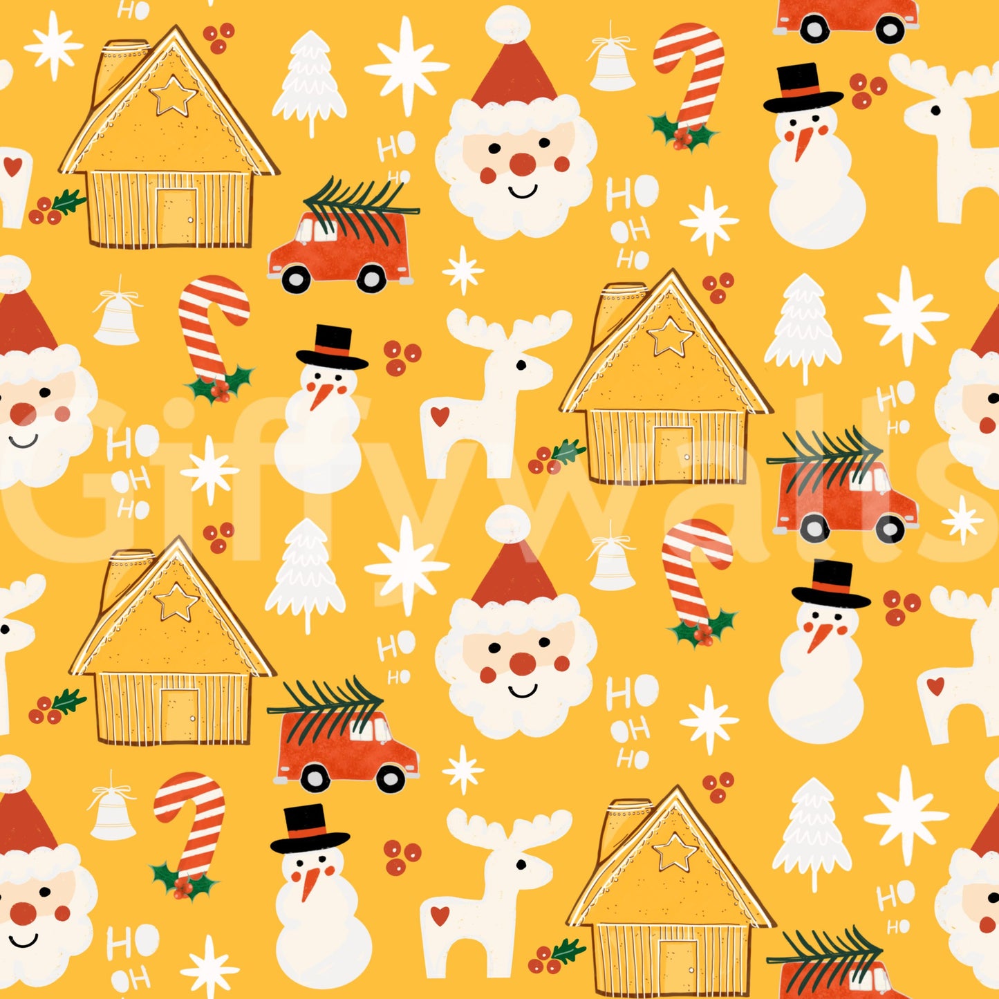 A festive Christmas wallpaper with whimsical characters and cozy cabins on a bright yellow backdrop.