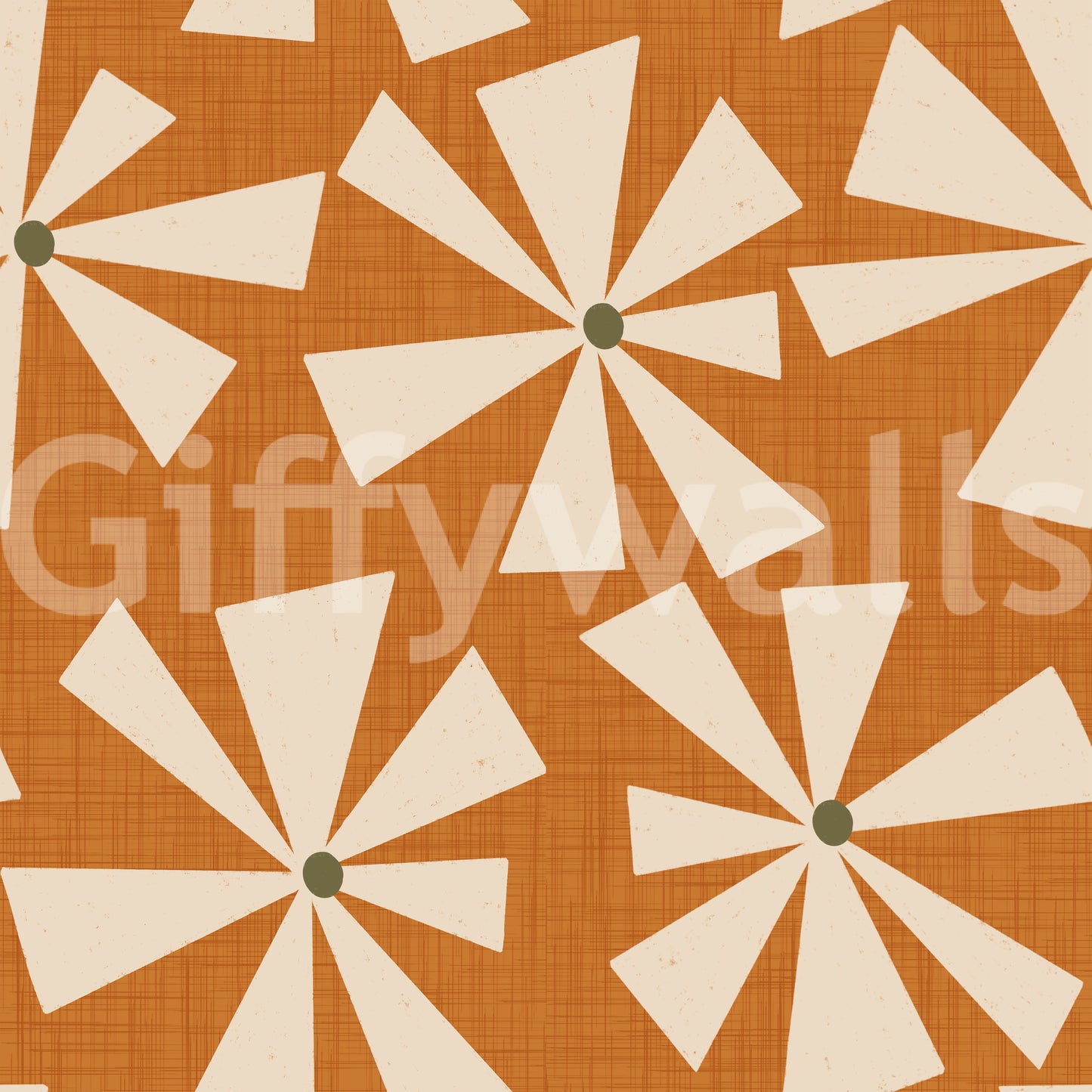 Soft geometric wallpaper with abstract cream blooms arranged in a dynamic mid-century pattern.
