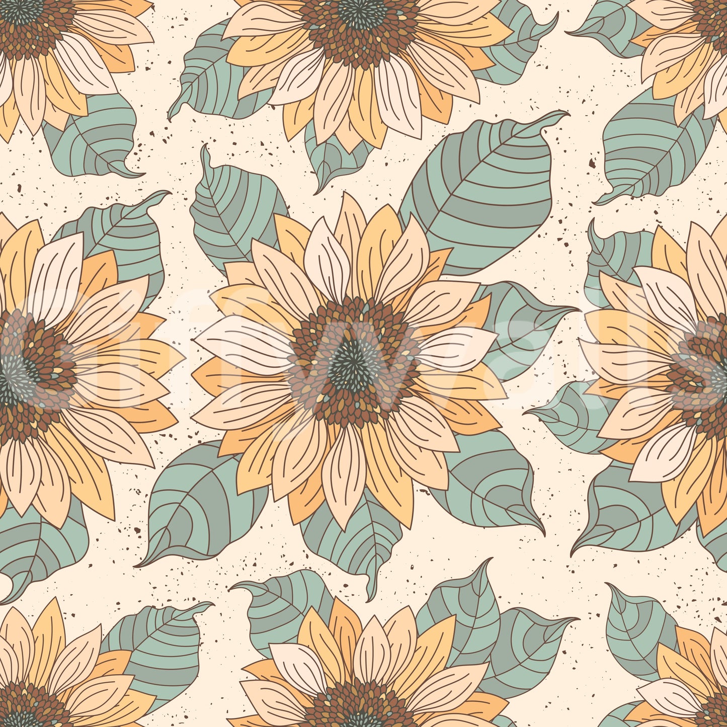 Rustic sunflower wallpaper with warm petals, teal leaves, and fine speckled background details.