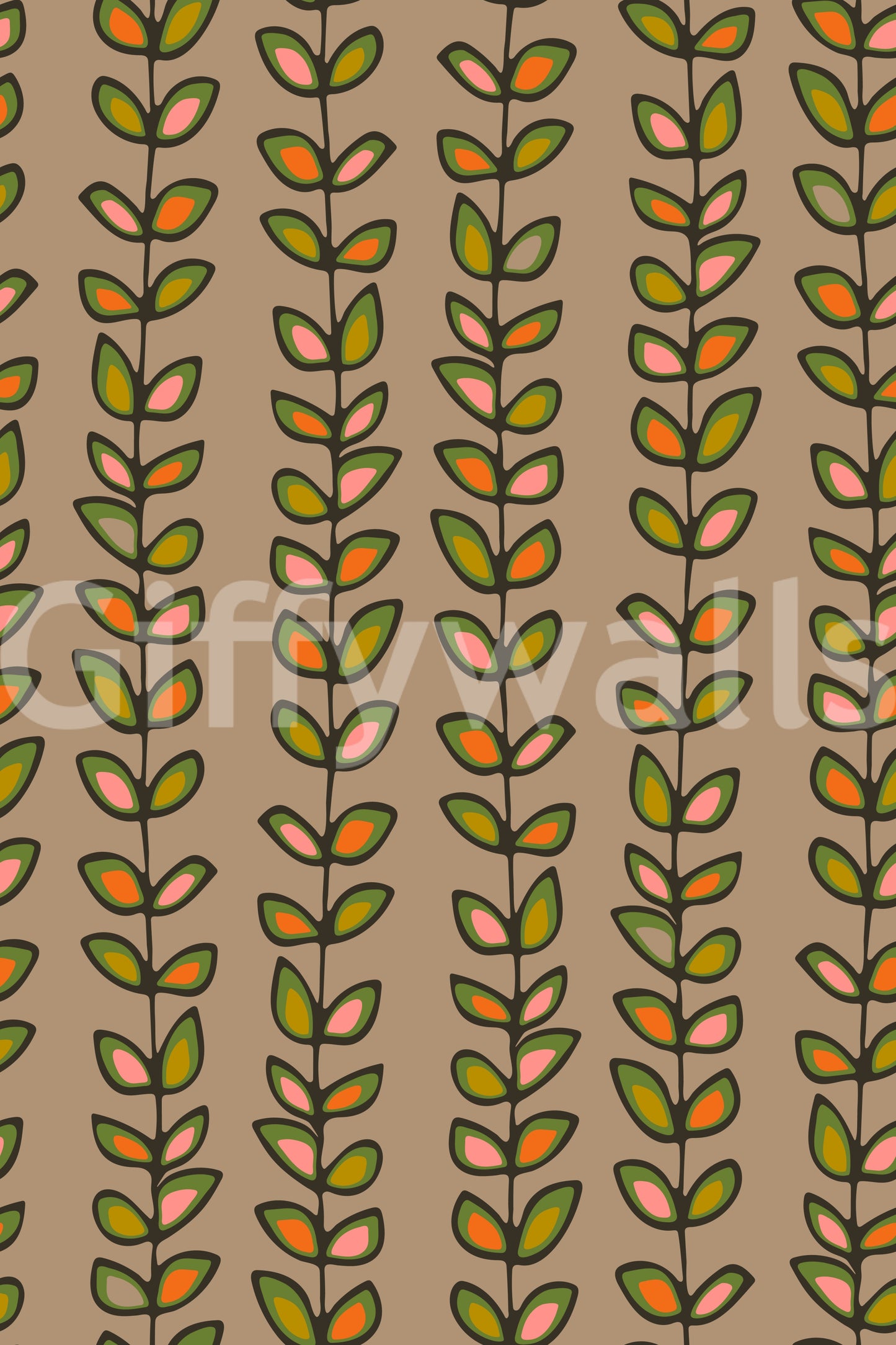 Warm beige wallpaper decorated with playful retro leaves arranged in tidy upward vine patterns.