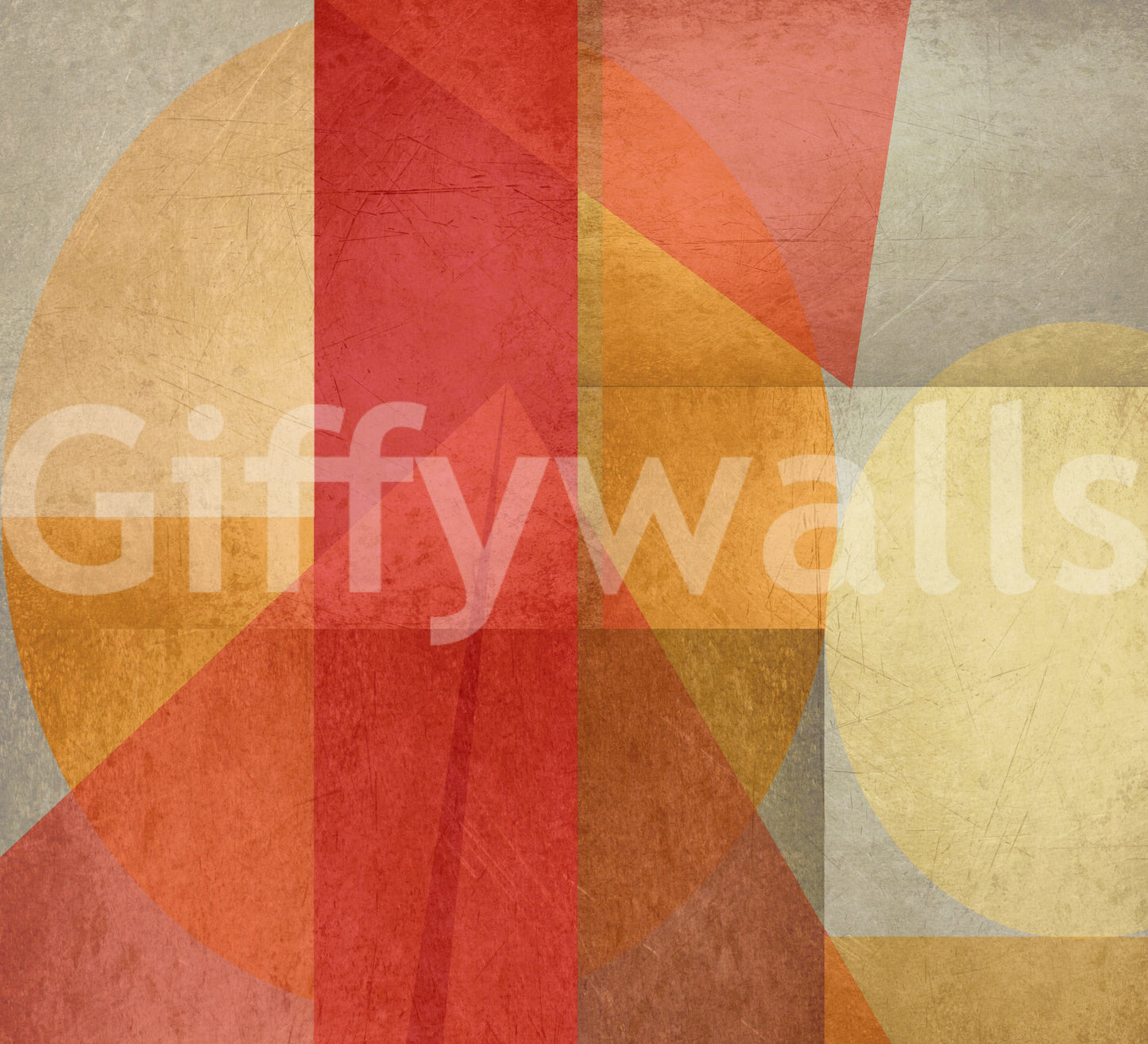 A contemporary wallpaper design featuring a fusion of geometric forms in bold warm colors.