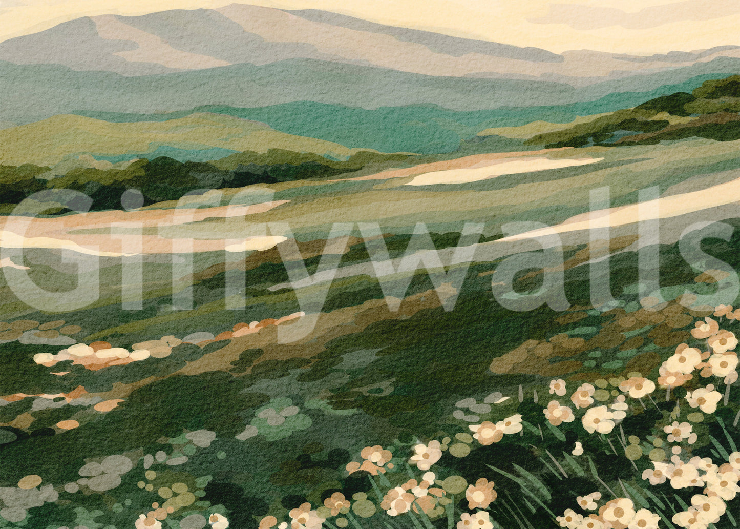 Green aesthetic wallpaper featuring scenic Floral Meadow Vista print for modern homes.