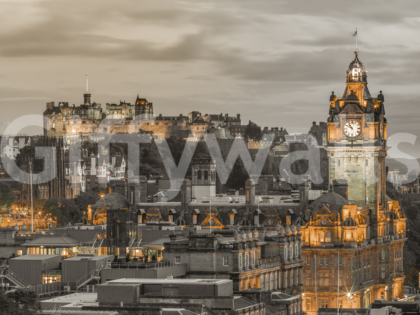 Monochrome Edinburgh Twilight with color pop, beautiful urban wallpaper.