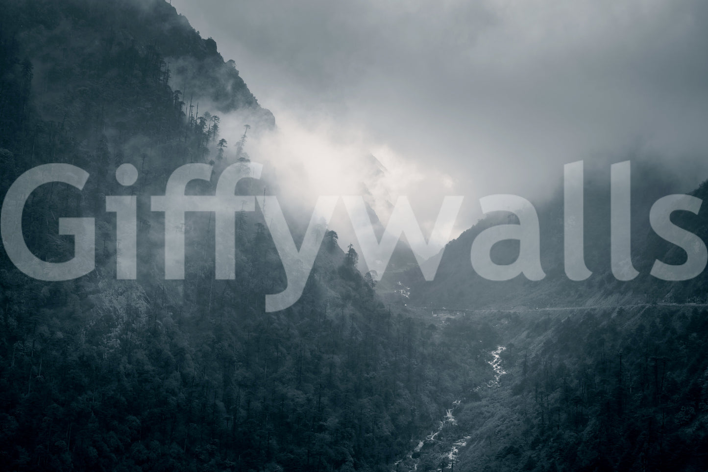 Secluded valley mural, ancient trees, Misty Woodland Cascade, inspiring design.