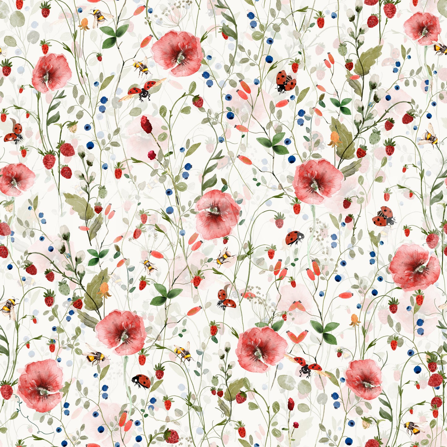 Lovely Watercolor Strawberry Flower Meadow rustic cottage styling.