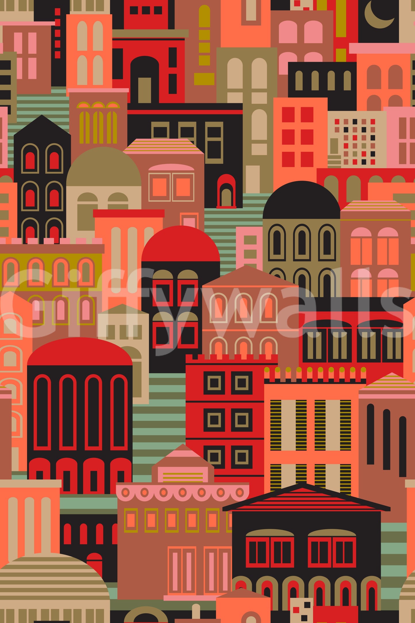 City Lights At Night Vintage Travel Bright Geometric Buildings Moon Vintage 1950s Colours Wallpaper