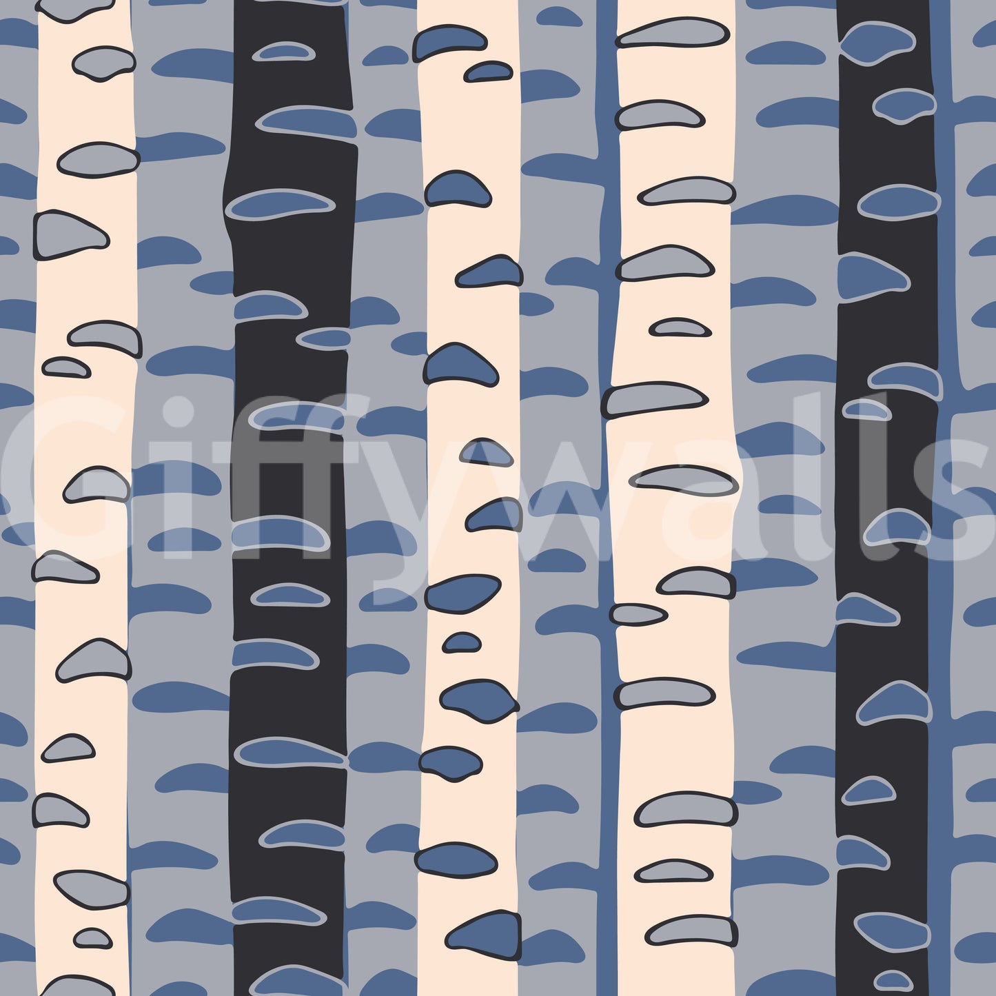 Birch Tree Stripes Retro Abstract Forest in Blue Black Cream Gray Wallpaper