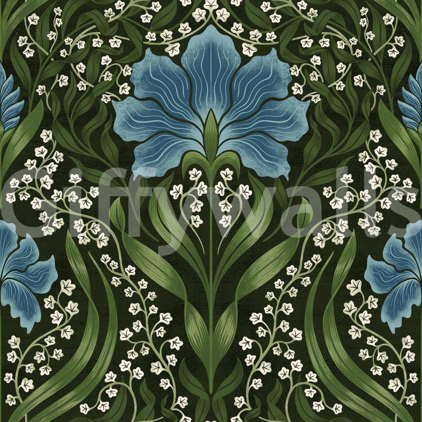 Intricate floral damask - blue Wallpaper