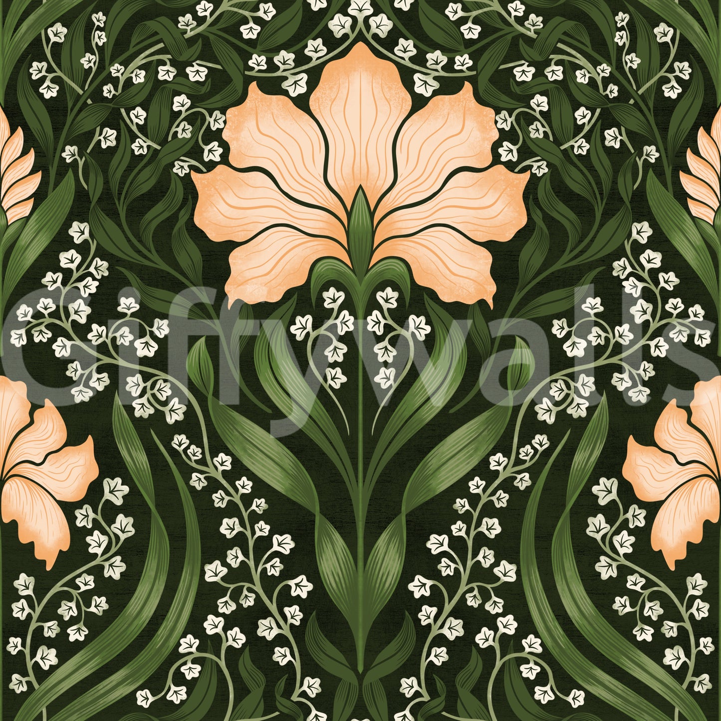 Intricate floral damask - apricot Wallpaper