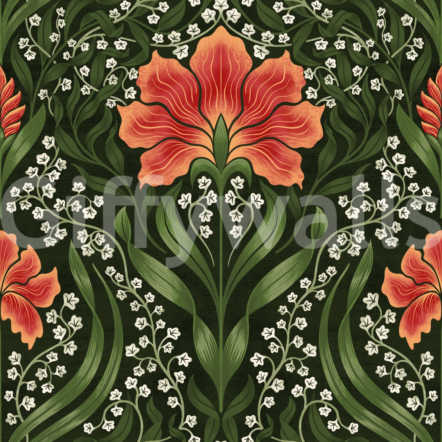 Intricate floral damask - red Wallpaper