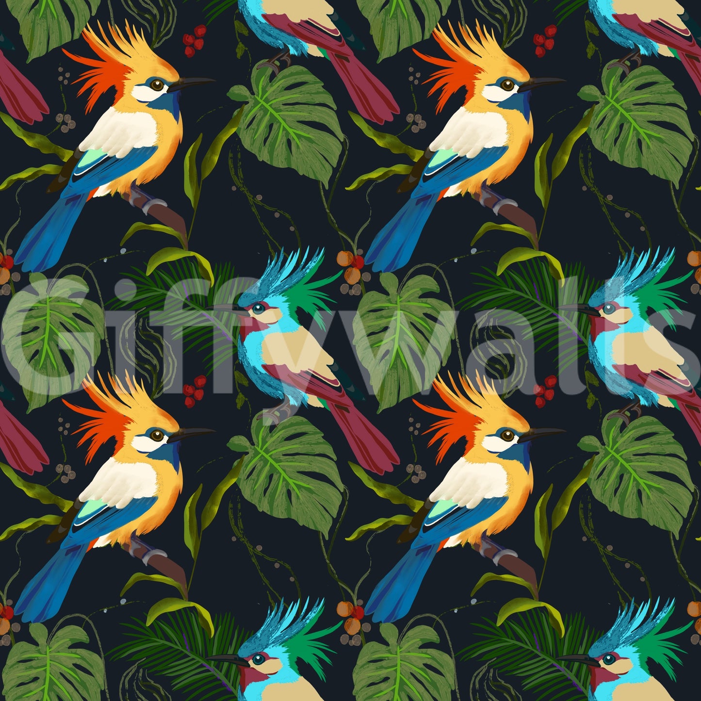 Jungle Birds Exotic Botanical Paradise Wallpaper