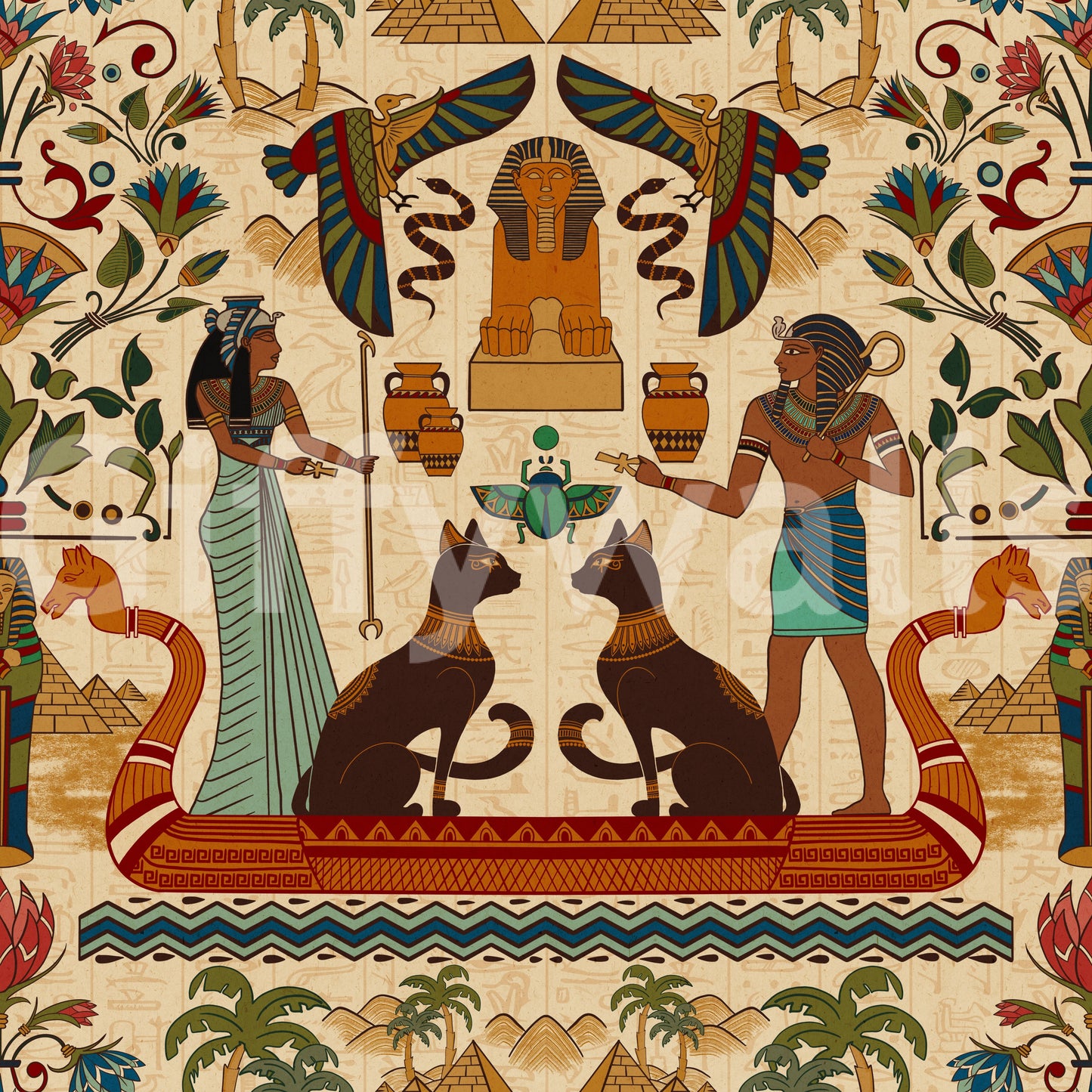 Ancient Echoes wall mural with women, vases, and tropical plants.