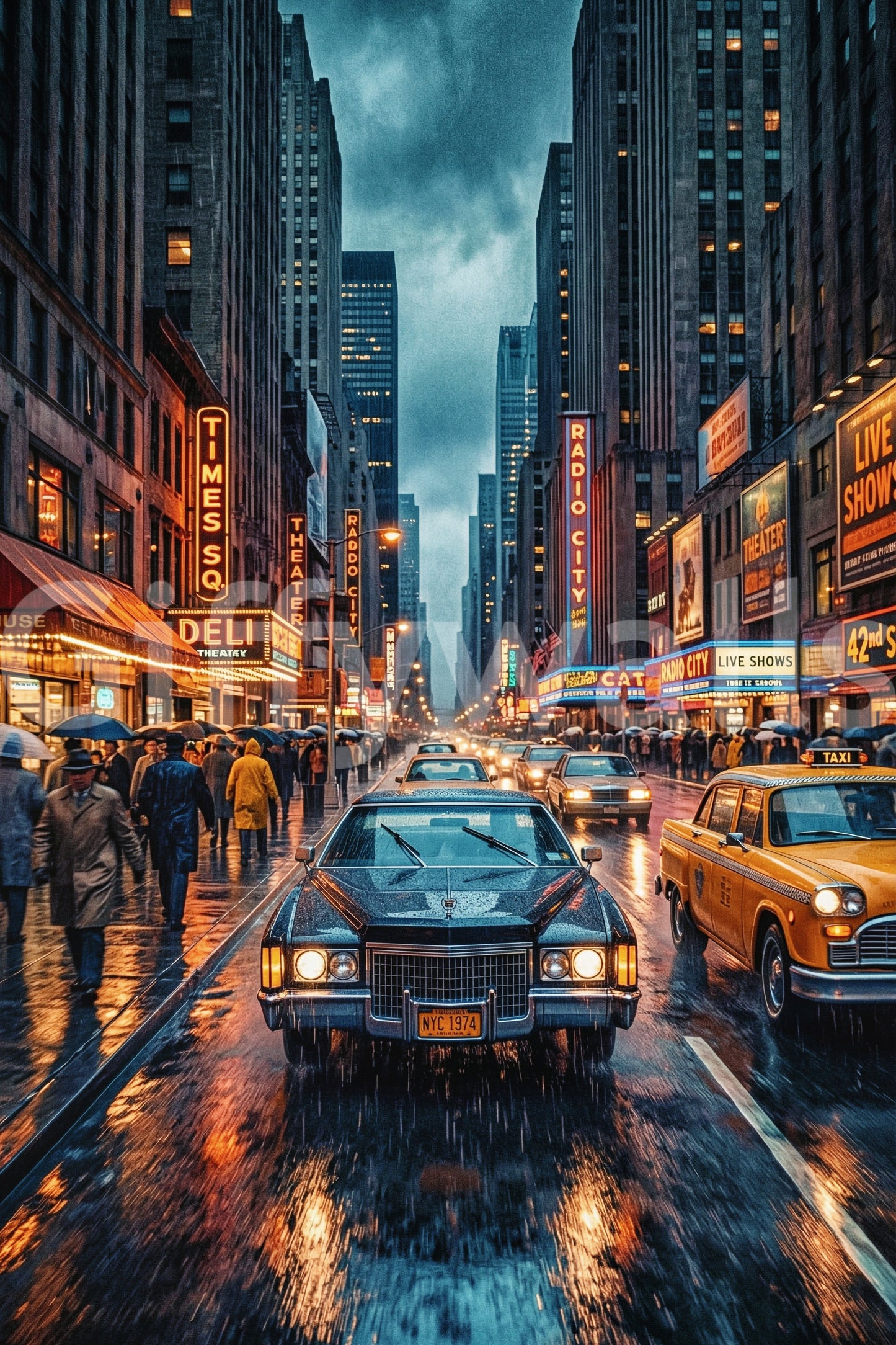 Neon Rain: Vintage New York Streets Wall Mural