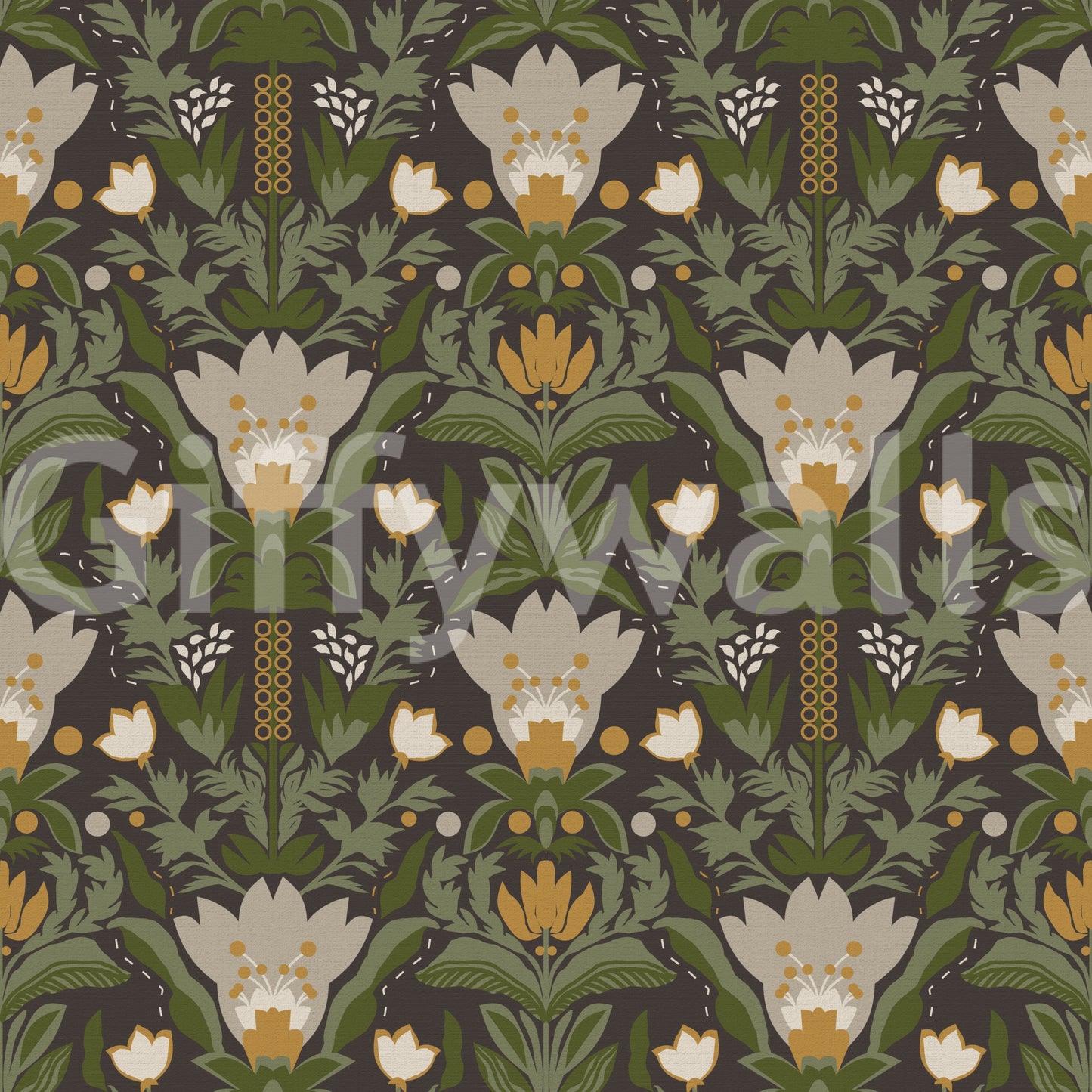Scandinavian Folk Art Floral Garden – Earthy Botanical Pattern with Sage Green Leaves, Cream Flowers and Mustard Gold Accents on Dark Brown Wallpaper