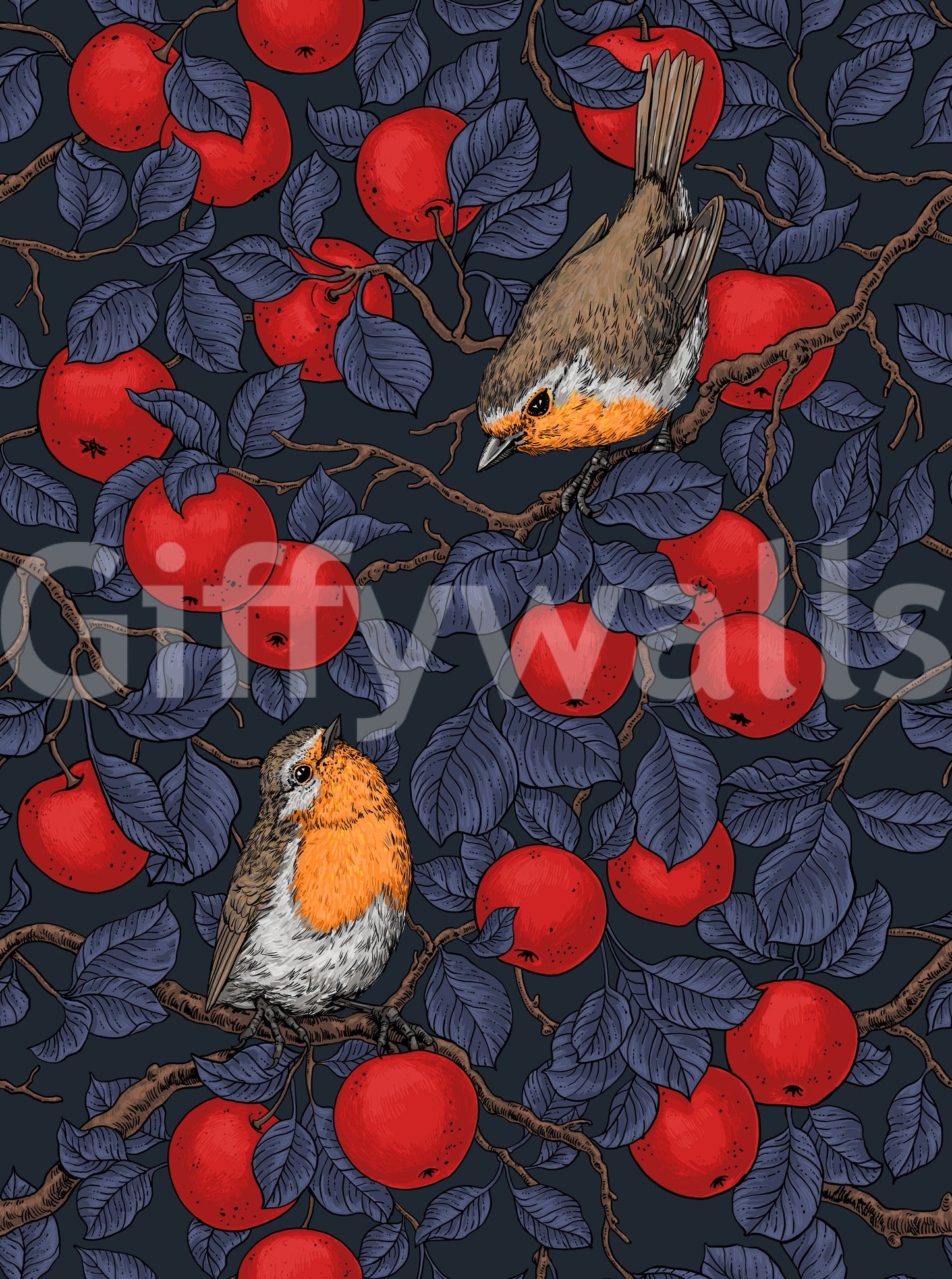Robins in the apple tree/blue and red Wallpaper